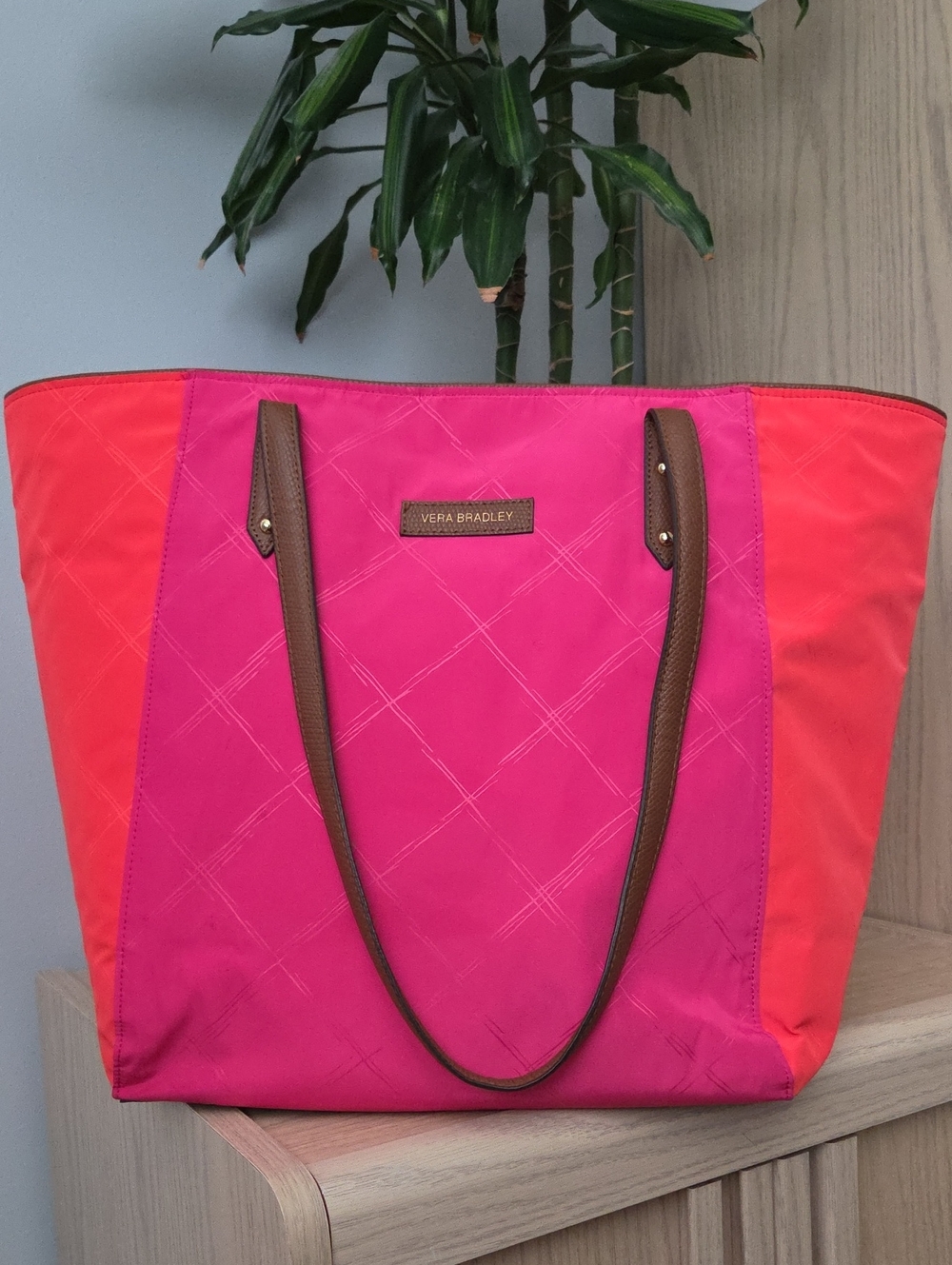 Vera Bradley Preppy Poly Ella Shopping  & Travel Tote In Rose & Orange